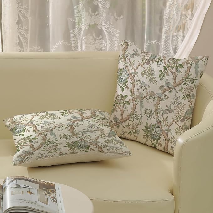 Green Floral Bird Pillow Covers 16x16 Set of 2 Chinoiserie Throw Pillows Green Vintage Flowers Bird Decorative Pillow Cases Outdoor Chinoiserie Decor Farmhouse Cushion Case for Couch Sofa