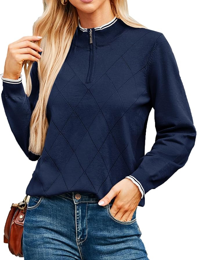 JACK SMITH Quarter Zip Pullover Sweaters for Womens, Rib Polo Sweater Tops | V Neck,Knit,Long Sleeve,Argyle,Open Pattern,Callar,Lightweight,Fashion,Golf Work Business Daily Wear Versatile Pullover Shirt