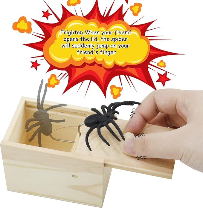 Gooswexmzl Spider Scare Prank Box, Pop Out Rubber Spider Handmade Wooden Scare Box, Fun Surprise Joke Toy, Practical Toy for Kids Adults