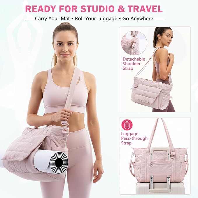 Yoga Tote Bag for Women with Yoga Mat Holder & Luggage Sleeve, Large Pilates Gym Bag with 16" Laptop Compartment, Lightweight Puffer Quilted Travel Tote with Water Bottle Pockets for Work