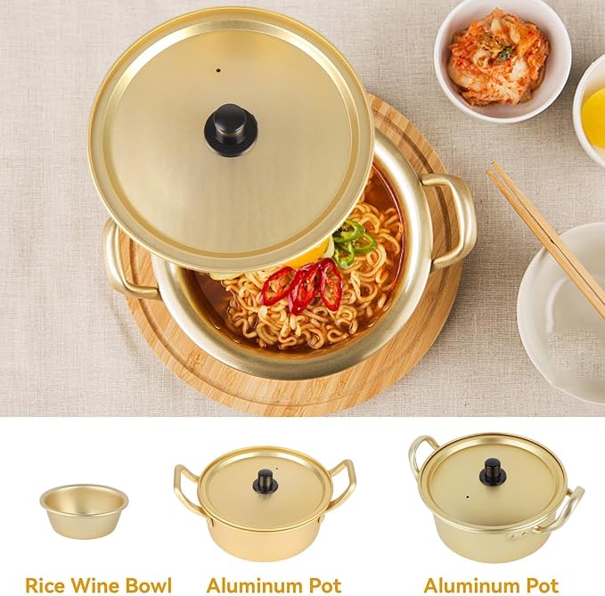 Korean Ramen Pot, Aluminum Noodle Pot with Lid Portable Korean Cookware Traditional Hot Pot Korean Noodle Cooker Fast Heating for Ramen, Soup, Pasta, Camping, Gold, 16cm