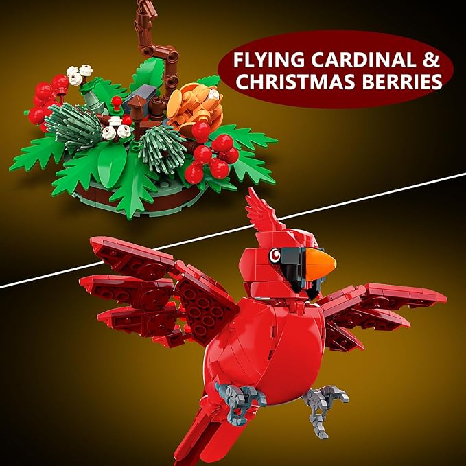 Northern Cardinal Building Block Set, Male Northern Cardinal Fly in Winterberry Plant Bush, Red Bird Figurine, Ideal for Home and Office Décor, Christmas Toy Gift for Kids, Adults