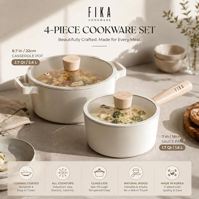 NEOFLAM FIKA 4-Piece Ceramic Coated Nonstick Cookware Set with Glass Lids, 2.7 Qt Casserole Pot & 1.7 Qt Saucepan, Natural Wood Handles, Induction Compatible, Made in Korea