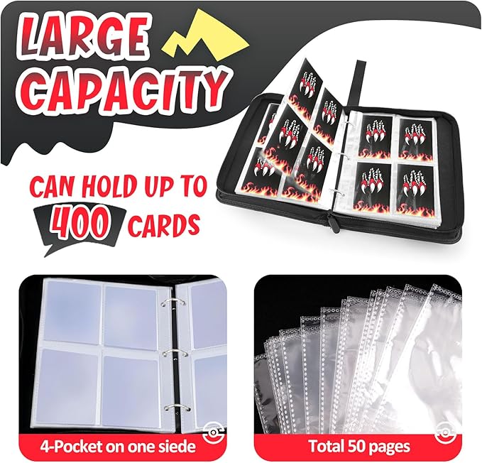 Card Binder 4-Pockets, 400 Pockets Card Holder with 50 Removable Sleeves, Trading Card Collector Zipper Album Holder - Black Red