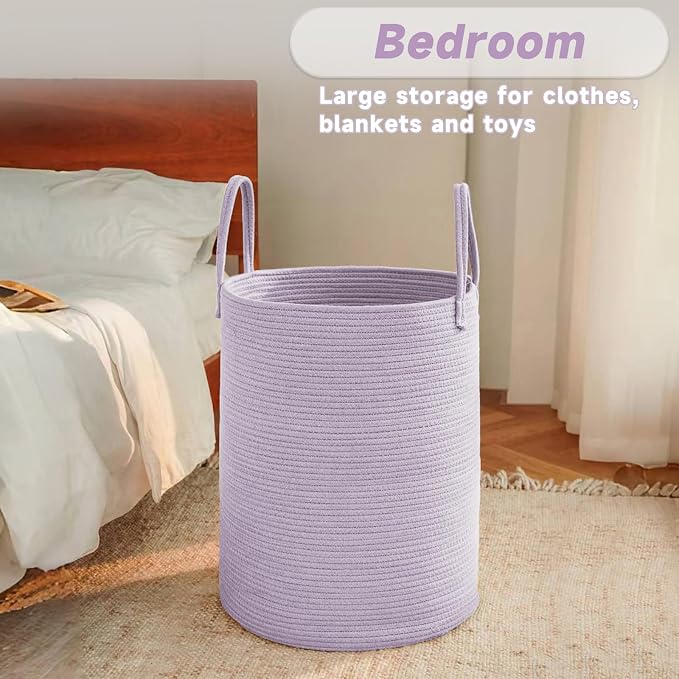 JMvicyroam 100L Cotton Rope Laundry Basket Hamper, Purple | Collapsible laundry basket, reinforced handles, freestanding, machine washable, holds 3-5 thick blankets, clothes or toys