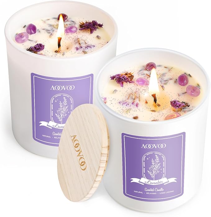 AOOVOO Lavender Scented Candle Set 2 Pack - Aromatherapy Candle with Crystals Inside, 14oz Soy Candles for Home Scented, Birthday Gifts Mothers Day Candle for Women Mom