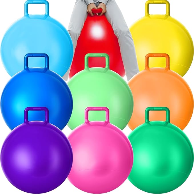 Meooeck 9 Pcs Hopper Ball 31 Inch Jumping Hopping Outdoor Bouncy Ball with Handles and Air Pump for Sports School Games Exercise(Multicolor)