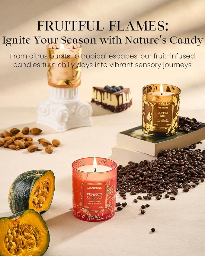 M&SENSE Pumpkin Apple Pie Candle, 8.1oz Gilded Glass Harvest Gift | 42H Slow Burn, Soy Wax, Gilded Glass Jar, Sensitive-Safe, Warmer Friendly, Reusable Candy Jar