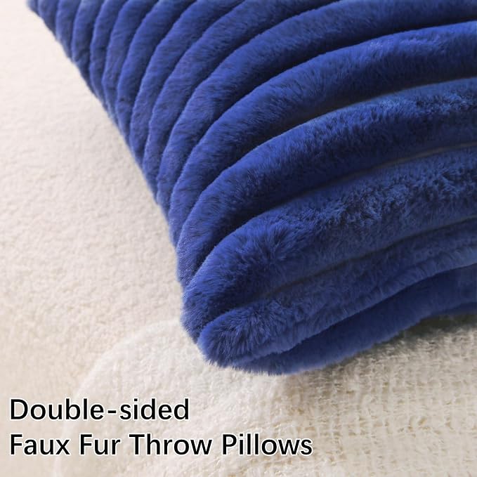 Decorative Throw Pillow with Inserts, Set of 2 Soft Faux Fur Throw Pillows, Square Boho Striped Pillow for Couch, Bed, Sofa Decor (Blue, 18" x 18"(Pack of 2))