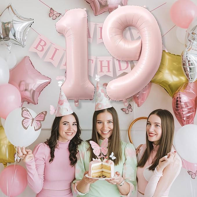Foil 19 Balloon, Dusty Light Blush Pink Big Number 19 Balloons for Girl Birthday Party Decor, 40'' Mylar Helium Number 19 Pastel Baby Pink Balloon for Women 19th Birthday Party Anniversary Decorations