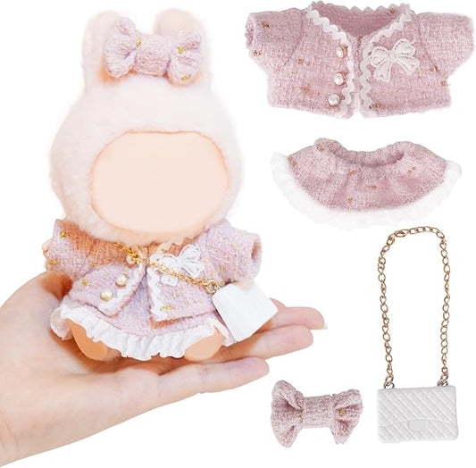 4-Piece Clothes for Sitting Standing Collection, Cute Clothes Sets for 17cm Doll, Including Pink Coat, Skirt, Handbag, Bow (No Doll)
