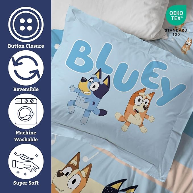 Jay Franco Kids Duvet Cover Set – 3 Piece Super Soft Bedding with Sham Pillowcase, Cover ONLY Comforter Not Included, Multi - Bluey, Queen