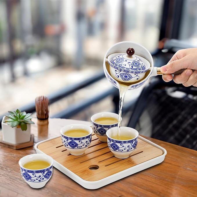 Peohud Chinese Gongfu Tea Set, Portable Porcelain Teapot Set with 360 Rotation Tea maker and Infuser, Teacups, Tea Tray, All in One Bag for Travel, Office, Outdoor, Gift