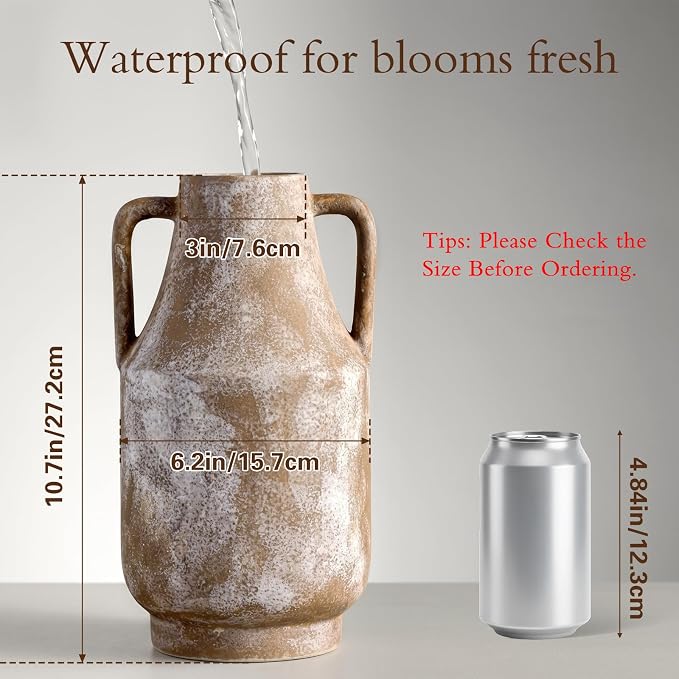 Ceramic Flower Vase with Handles, 11in Tall Rustic Vases for Centerpieces | Waterproof Large Decorative Terracotta Vases for Home Decor, Living Room,Table, Handcrafted (Terracotta)