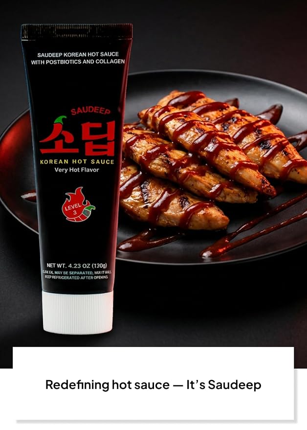 Korean Food Saudeep Korean-Style Hot Sauce, Gochujang, Savory, 4.23oz Blend | Korean-style gochujang sauce with warm heat and deep savory flavor for meat and dipping
