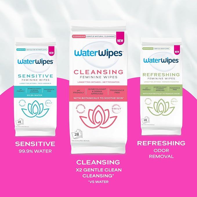 WaterWipes Cleansing Feminine Wipes, pH Friendly for Daily Intimate Care, Soothing Botanicals, Gynecologist Approved, Fragrance Free, 112 Count (4 Packs)