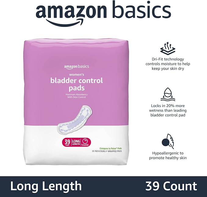 Amazon Basics Incontinence Pads for Women, Postpartum, Long, Maximum Absorbency, Bladder Control, Unscented, 39 Count (Pack of 2)