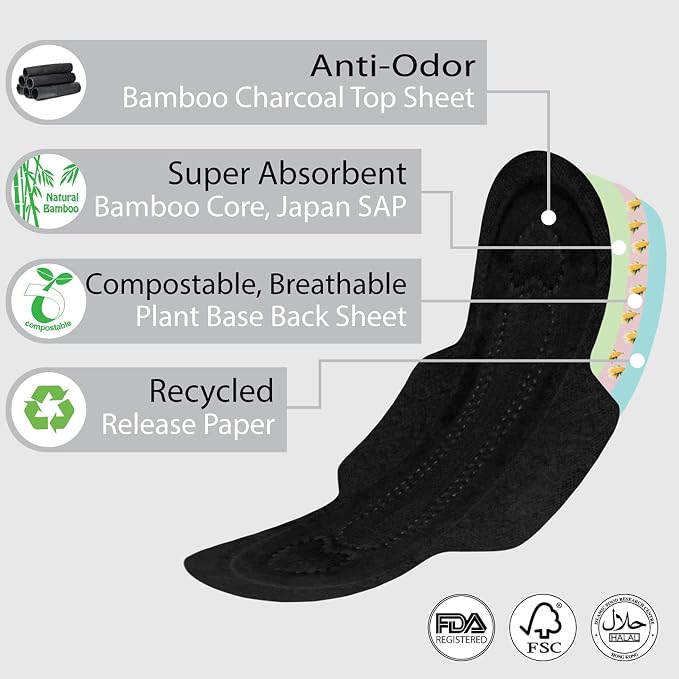 ~ COMPOSTABLE ~ Natural Bamboo Charcoal (PANTYLINER- 3 Pack Total 60 Liners)