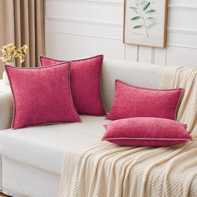 MIULEE Decorative Couch Throw Pillow Covers 18x18 Inch Hot Pink 2 Pack | Farmhouse Pillow Covers with Stitched Edge, Soft Chenille Cushion Cases, for Sofa Bed Living Room Home Decor