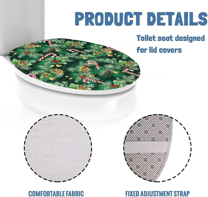 Christmas Candy Cane Toilet Seat Lid Cover for Bathroom Christmas Decorations Holly Toilet Lid Cover with Elastic Band Elongated Universal Toilet Tank Cover Replacement Toilet Bathroom Cover