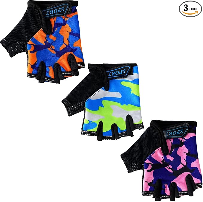 Boao 3 Pairs Kids Half Finger Bike Gloves Non-Slip Breathable Adjustable Birthday Gift for Boys Girls for Bike Workout