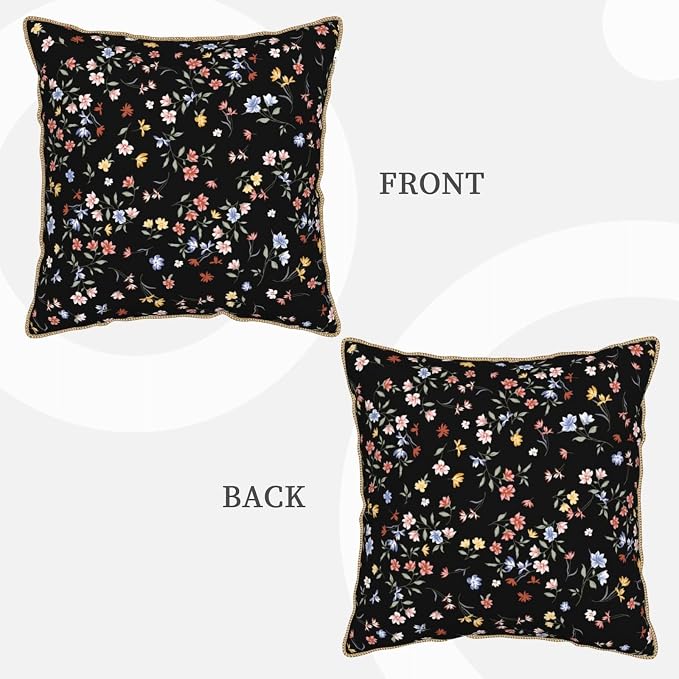 Black Floral Velvet Pillow Covers 16x16 Inch Vintage Colorful Wildflower Throw Pillows For Couch Farmhouse Cushion Covers Pillowcase Spring Summer Plant Pillow Cases For Sofa Bed Outdoor Decor