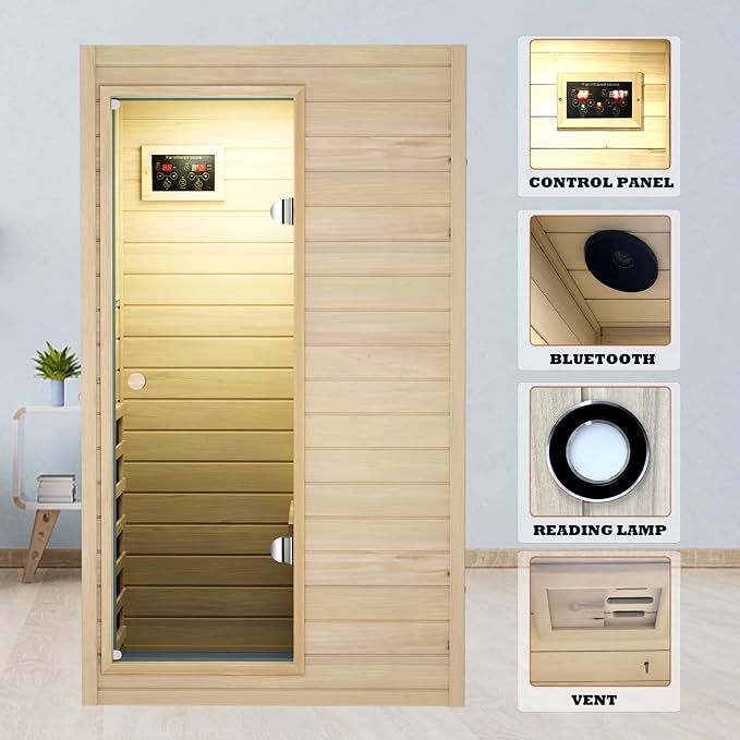 Kanlanth 1 Person Infrared Sauna - Premium European Aspen Wood, 905W Energy Efficient, Low EMF Indoor Sauna, Bluetooth Speakers, Compact Home Spa for Small Spaces, 36.6"x29.3"x63", Left Door