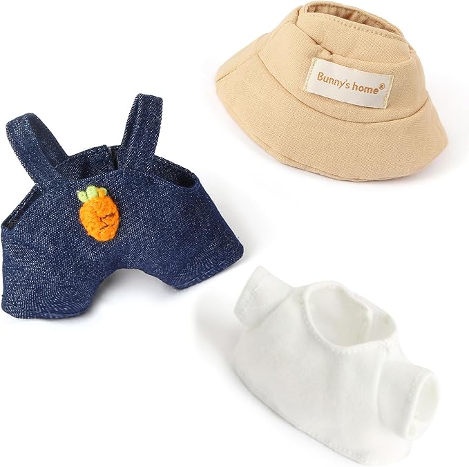 3-Piece Doll Clothes for Labubu & 17cm Dolls – Stylish Fisherman Hat Set, Kawaii Doll Outfits with Accessories for Collectors or Display - Navy Carrot (No Dolls)