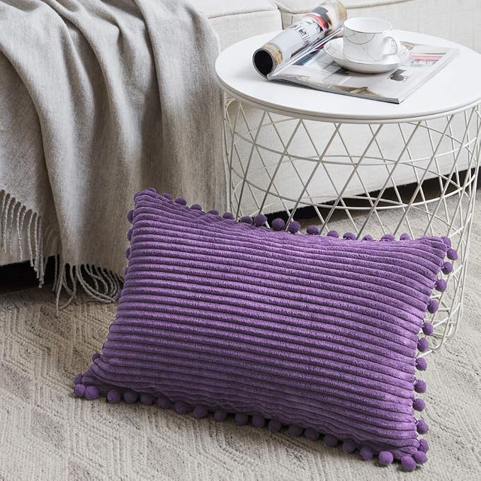 Fancy Homi Pack of 2 Boho Lumbar Decorative Throw Pillow Covers with Pom-poms, Soft Corduroy Solid Rectangle Cushion Cases Set for Living Room Couch Sofa Bedroom Car (12x24 Inch/30x60 cm, Purple)