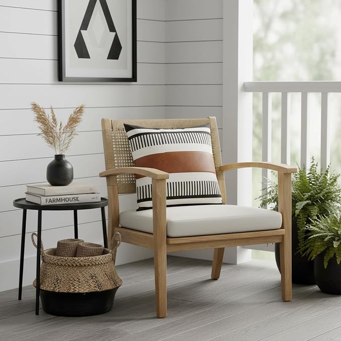 22x22 Boho Striped Pillow Cover with Faux Leather Accent, Black, 2 PC | Geometric printed cotton, vintage brown accent, black white reversible cushion case, farmhouse tribal sectional sofa decor.