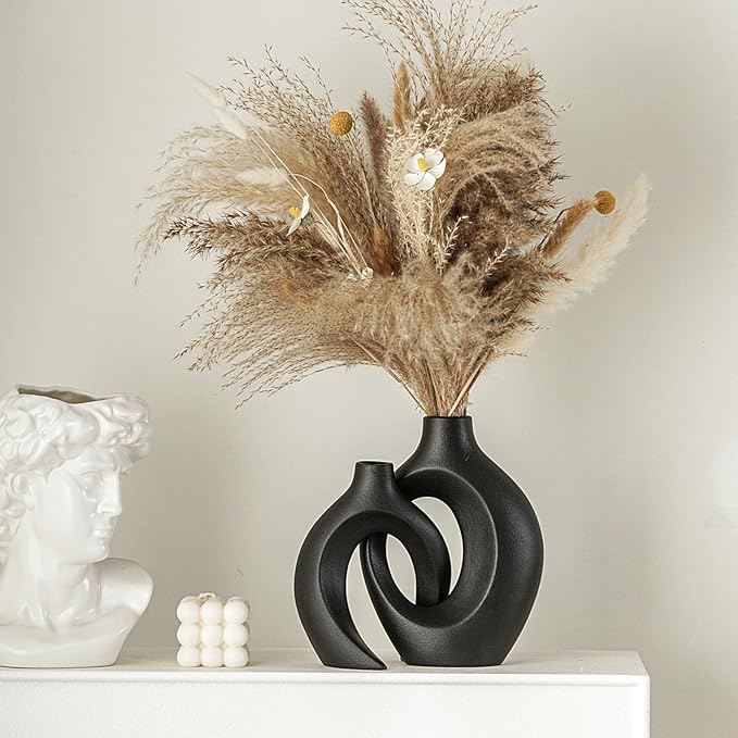 Lvases Snuggle Hollow Modern Ceramic Vase Set of 2 Nordic Pampas Grass Vase | Boho Aesthetic Decorative Vase for Home Decor coffee Table Centerpiece Living Room Book Shelf ( Matte Black W 6.3" X H 8.4" )