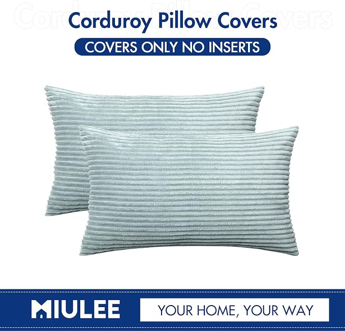 MIULEE Lumbar Corduroy Throw Pillow Covers Set of 2 12x20 Mint | Decorative Striped Textured Cushion Cases, Boho Energetic Vibe Pillowcases, Home Decor for Couch Chair Sofa Bed Living Room