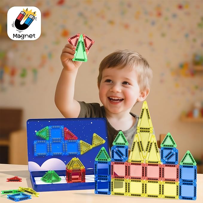 Travel Mini Magnetic Tiles 40 PCS, STEM Toys Magnetic Building Toys for Kids Ages 4-8 with Iron Case, Blocks Building Preschool Learning Sensory Montessori Toys for 3+ Year Old Boys and Girls