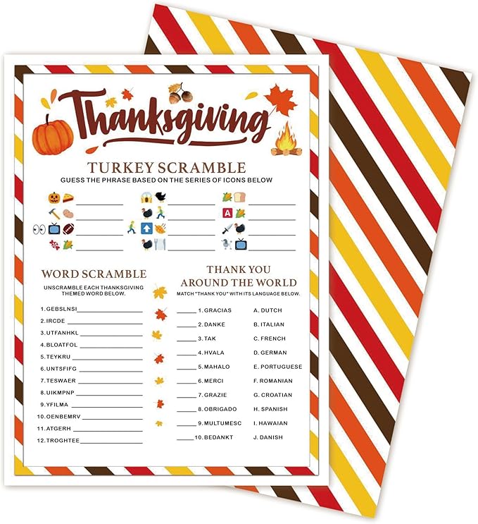 Thanksgiving Party Games Cards - Turkey Scramble Word Scramble Thank You Around The World - 3-in-1 Game Cards with Answer Card for 30 Guests, Turkey Dinner Party Activity for Teens Adults