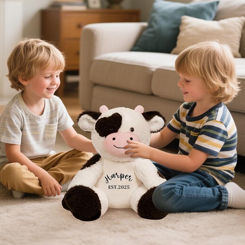 Personalized Cow Stuffed Animal, Milk Cow Plushie with Custom Name Date Message, 13.5" High 9.8"Width Black White Cows Soft Cuddle Gift for Baby Toddler Boy Girl Kids