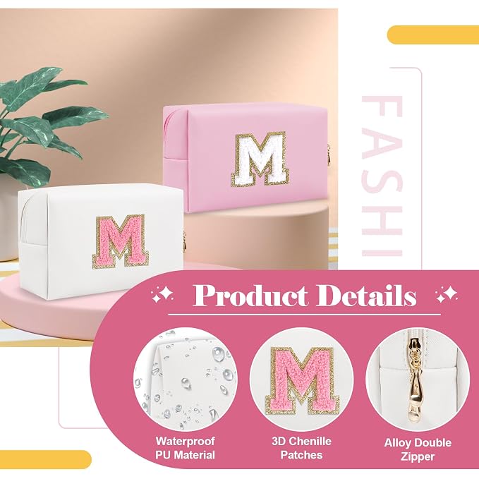 Personalized Makeup Bag Initial A-Z Preppy Patch Bag,Small PU Leather Travel Cosmetic Bag Pouch with Zipper,White Cute Toiletry Bag,Gift Ideal for Teen Girls Women Birthday Friend Mom,Letter M