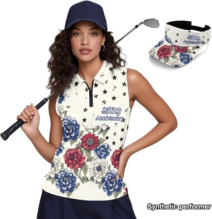 POLERO Golf Tank Top Women Golf Shirts and Visor Hat Collared Racerback Tennis Shirt Set Quarter Zip