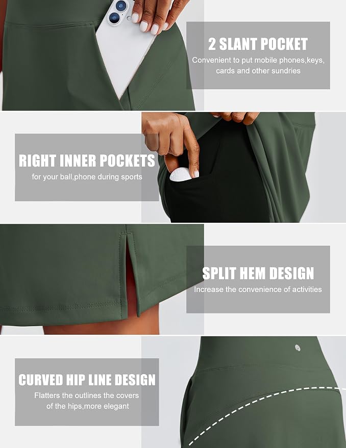 PINSPARK 20" Skorts for Woman Knee Length UPF 50+ Golf Skirts | 4 Pockets, Built-in Shorts, High Waisted, Split Hem, Silky-smooth, Moisture-wicking, for Golf Athletic Tennis Workout Casual