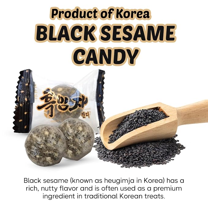 COELO Black Sesame Candy 8.81oz (250g) | Nutty & Toasty Naturally Flavored Korean Hard Candy Crunch Treats | Old School Snack Office Trip Camping Party K-Food Individually Wrapped Wrapper 흑임자 캔디