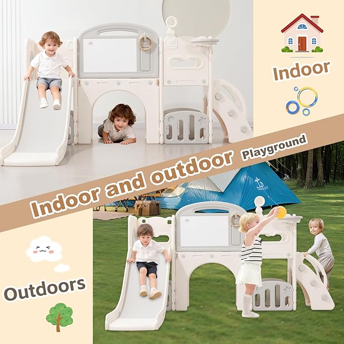 Outdoor Toddler Playset with Slide Set, Indoor Playground for Toddlers 1-3, Climber Play Set with Telescope Basketball Hoop, Tunnel Playhouse and Jungle Gym