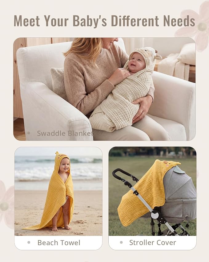 Blissful Diary Muslin Baby Hooded Towel 2 Pack, Soft & Absorbent Bath Towel for Infant, Toddler, Unisex, Baby Gift, Newborn Essentials, Sunny Duck & Gentle Lamb
