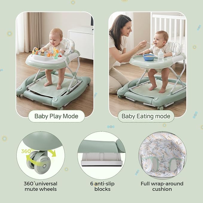 5 in 1 Baby Walker, Music and Lights Foldable Baby Walker with Wheels, 3 Adjustable Heights, with Bouncer Combo, Rocker, Activity Walker for Baby Boy and Girl 6-18 Months (Green)