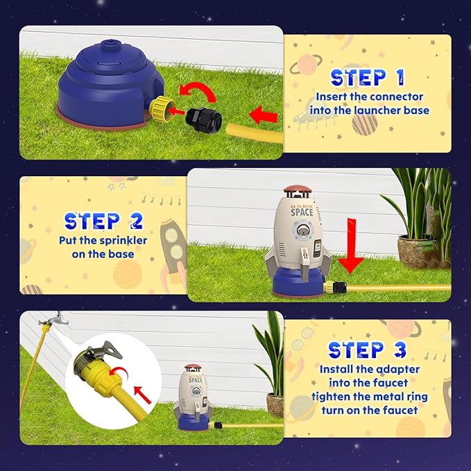 Outdoor Rocket Sprinkler Toy for Kids - Water-Powered Summer Backyard Game Fun Splash Play for Boys & Girls Ages 3+ with 5m Hose/DIY Sticker (Grey)