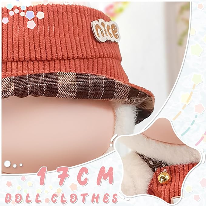 Doll Clothes for 17cm Dolls, Cute Outfit Set with Accessories, Bucket Hat and Overalls (No Doll) (Rust Overalls Set)