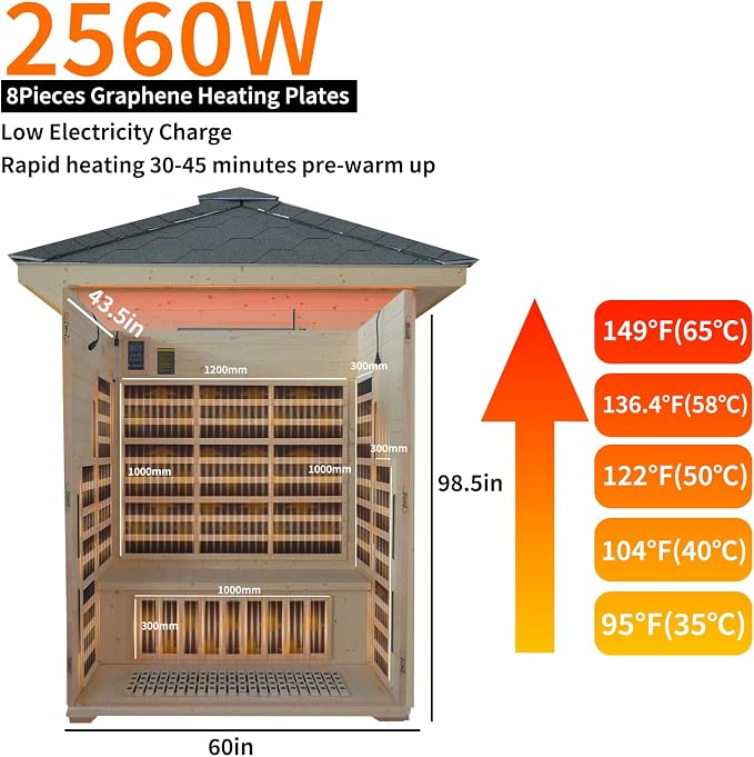 Home Infrared Sauna Room 1 Person Wooden Canadian Hemlock 1260W Low Magnetic Graphene Carbon Plate Heater Indoor Saunas (3-4 Person Sauna 57.9 * 40.6 * 98.4 in)