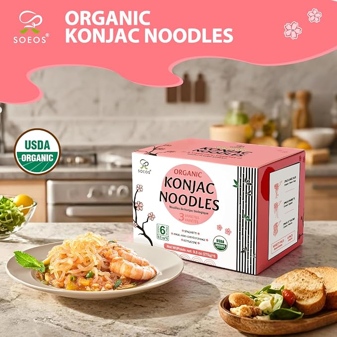 Soeos Organic Konjac Noodles, Shirataki Noodle, 9.5 oz*6 Packs, 3 Variety Noodles, Fettuccine, Angel Hair, Spaghetti, Low Calorie, Low Carb, Keto and Paleo Friendly, Total 57 Ounce