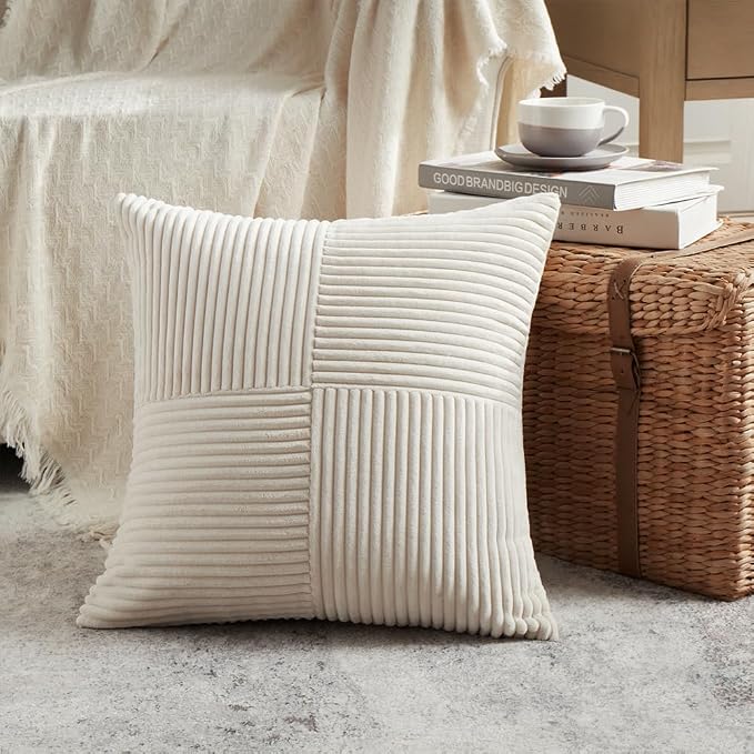 Fancy Homi 2 Packs Cream Euro Decorative Throw Pillow Covers 26x26 Inch for Living Room Couch Bed, Rustic Farmhouse Boho Home Decor, Soft Corss Corduroy Patchwork Textured Square Cushion Case 66x66 cm