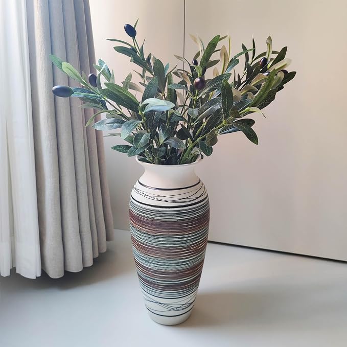12.6" Tall Vintage Ceramic Rustic Farmhouse Vase (Half Stripe Brown) | Large Boho Textured Flower Vases for Home Decor, Living Room, Table, Mantel, Shelf