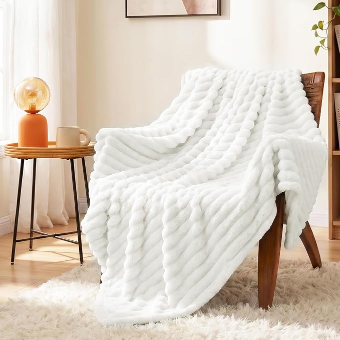 Off White Twin Blanket for Bed & Couch, 60 x 80 Inch | 300GSM Ribbed Fleece Blanket, Soft, Cozy & Lightweight, OEKO-TEX Certified, All-Season Use for Travel, Dorm & Home Decor