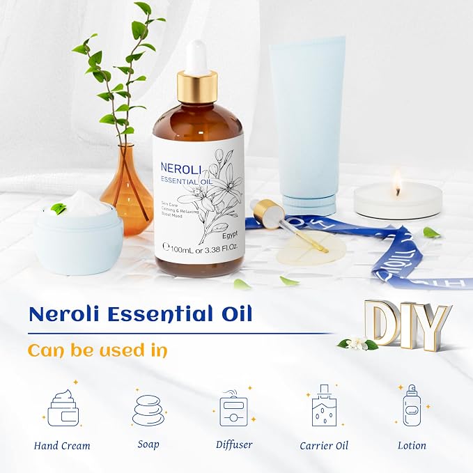 HIQILI Neroli Essential Oil for Diffuser, Aromatherapy and Skin Care | Relaxing & Calming, for Diffuser, Massage & DIY, Travel Bottle Included —100mL / 3.38 fl.oz